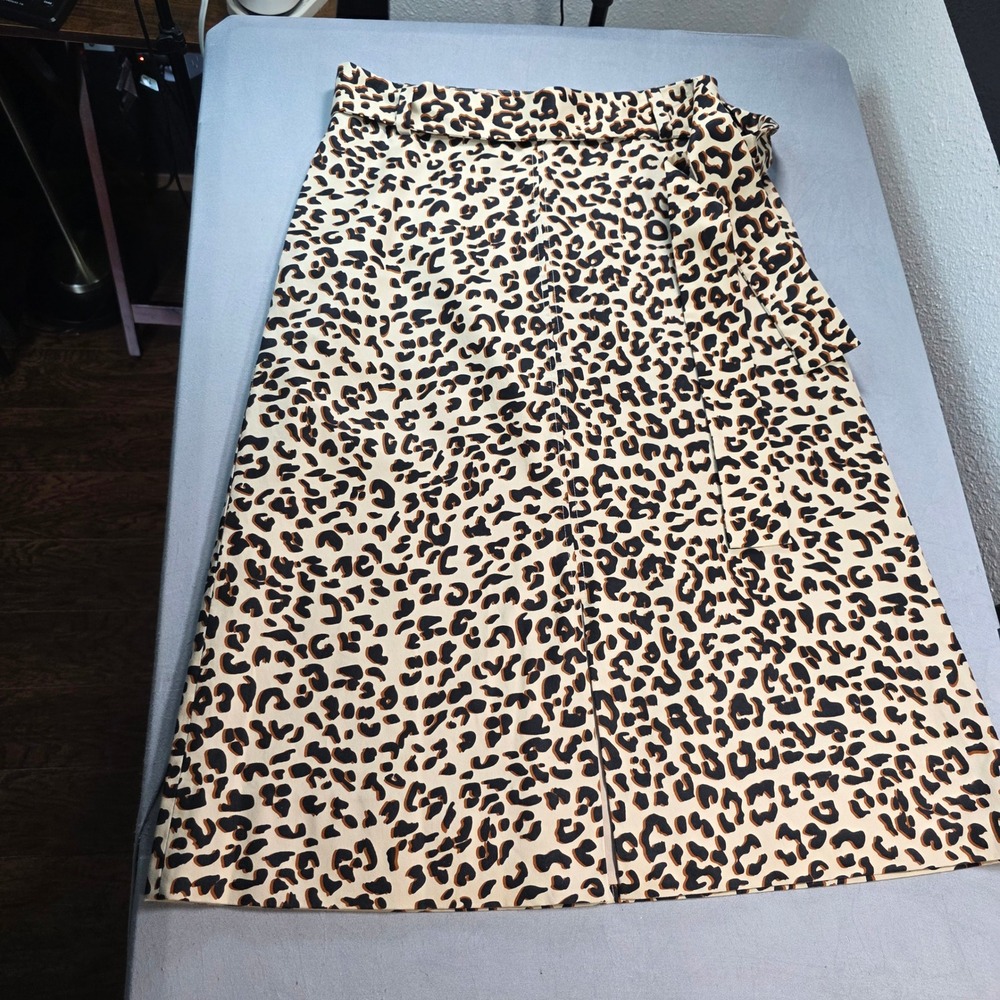 1901 Nordstrom Leopard Print Belted Midi Skirt Tan Black Size 6 Pockets Lined